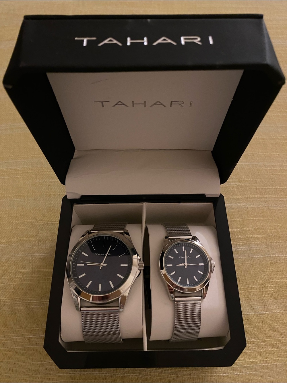 NWT Tahari Silver Mesh Strap Watches with Black Dials (Pair) (Male, Female)